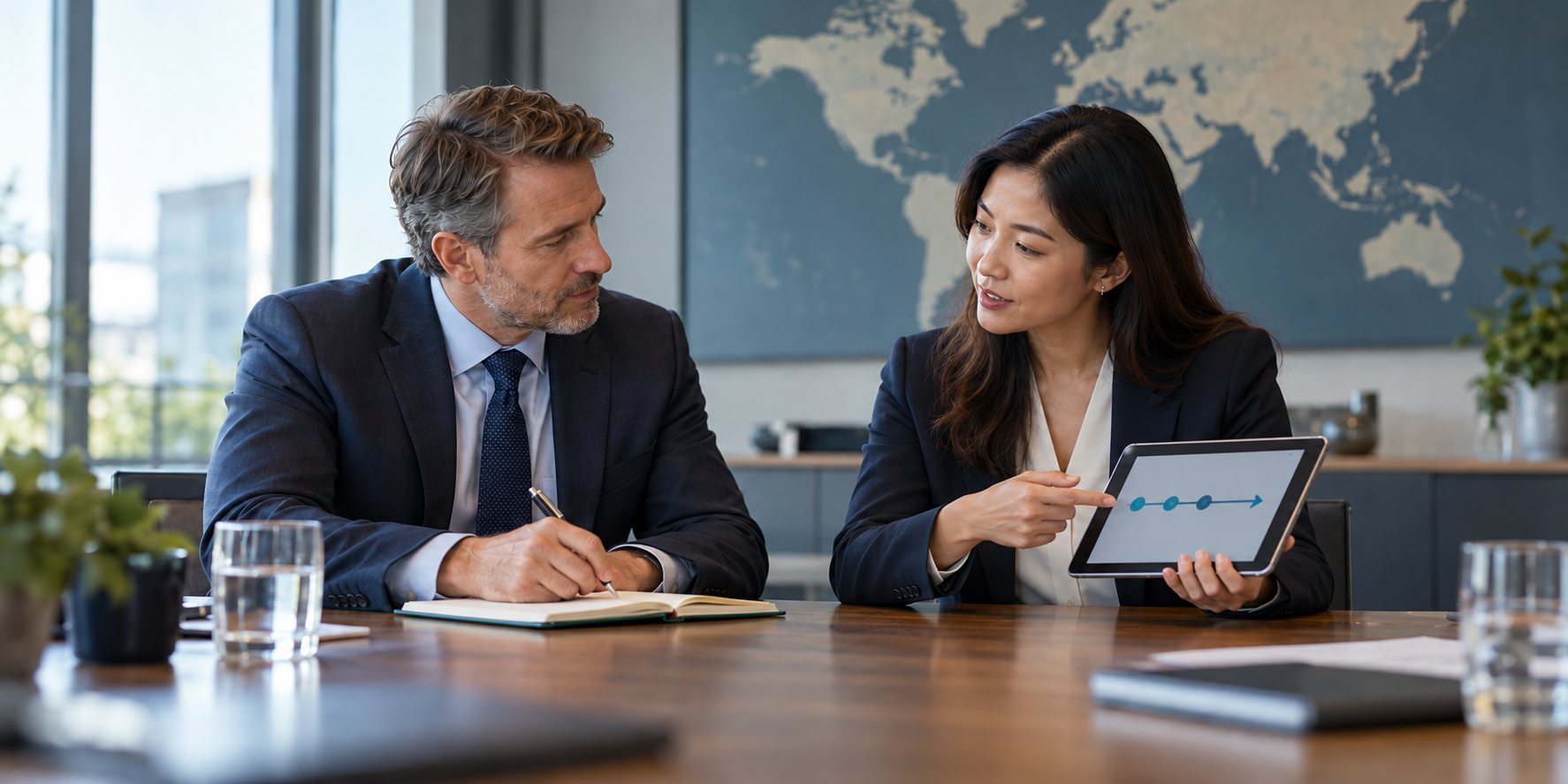Business professionals agreeing the next steps for an international export opportunity